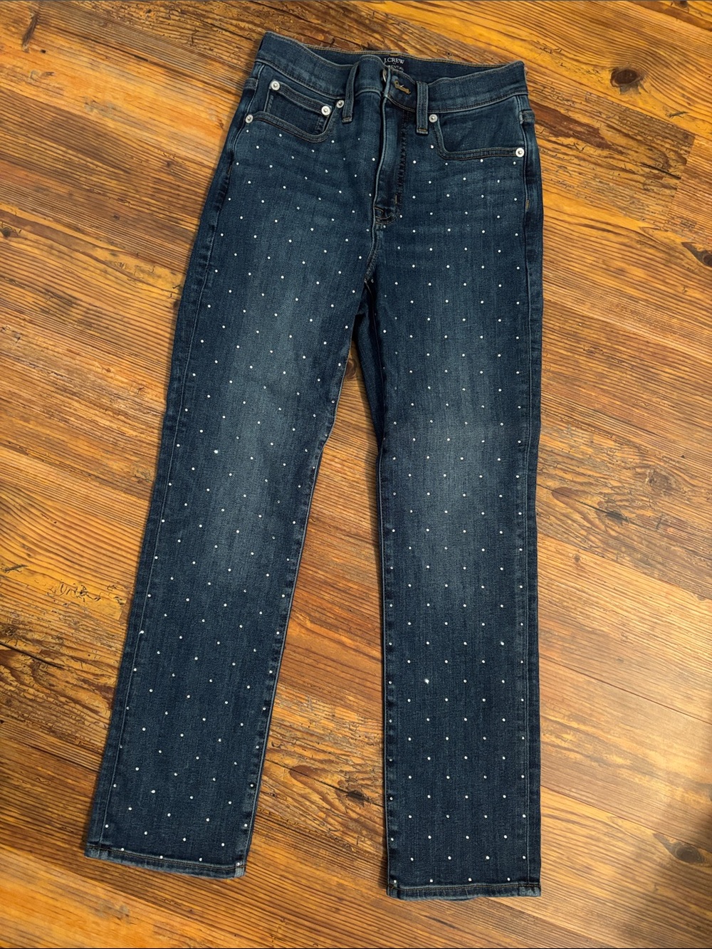 J. Crew Factory Dark Blue Straight Leg Jeans with Rhinestone Embellishment